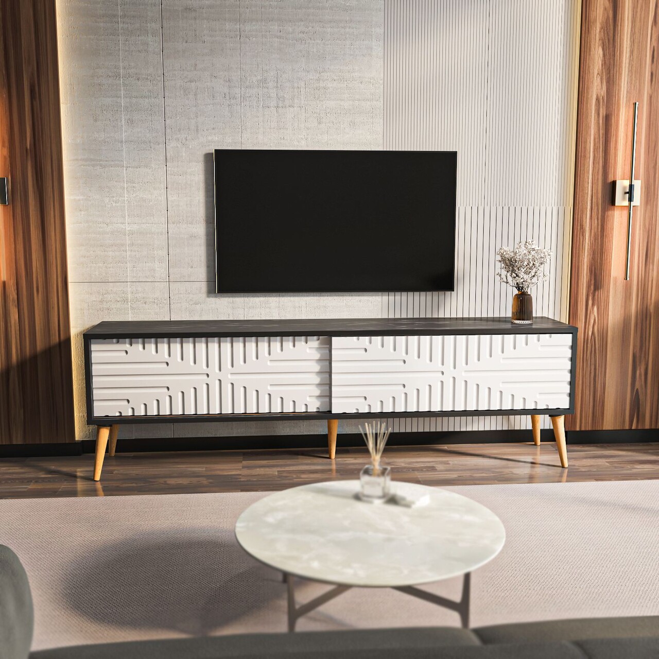 Comoda TV, Hanah Home, Riso, 180x54x35 cm, Alb/Negru - imagine 6